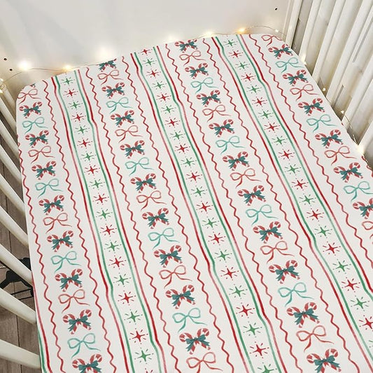 Red and Green Christmas Candy Stripes Bows Baby Crib Sheets for Boy Girl 52x28Inch Winter Christmas Soft Snug Fitted Crib Mattress Cover Festive Holiday Baby Sheet for Standard Crib & Toddler Mattress
