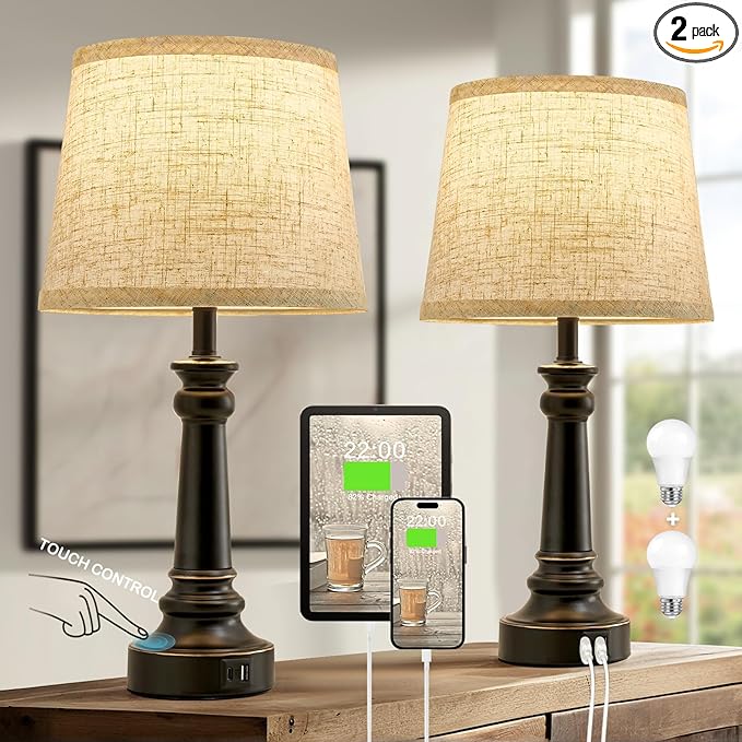 EJIAXIN Touch Lamps for Nightstand Set of 2 - Black Table Lamp for Bedroom Dimmable Bedside Lamp with USB C+A Ports - Lamps for Night Stands Living Room End Table,2 LED Bulbs Included