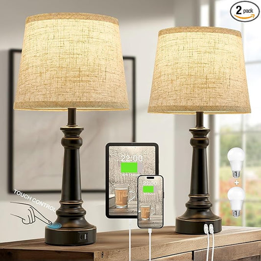 EJIAXIN Touch Lamps for Nightstand Set of 2 - Black Table Lamp for Bedroom Dimmable Bedside Lamp with USB C+A Ports - Lamps for Night Stands Living Room End Table,2 LED Bulbs Included