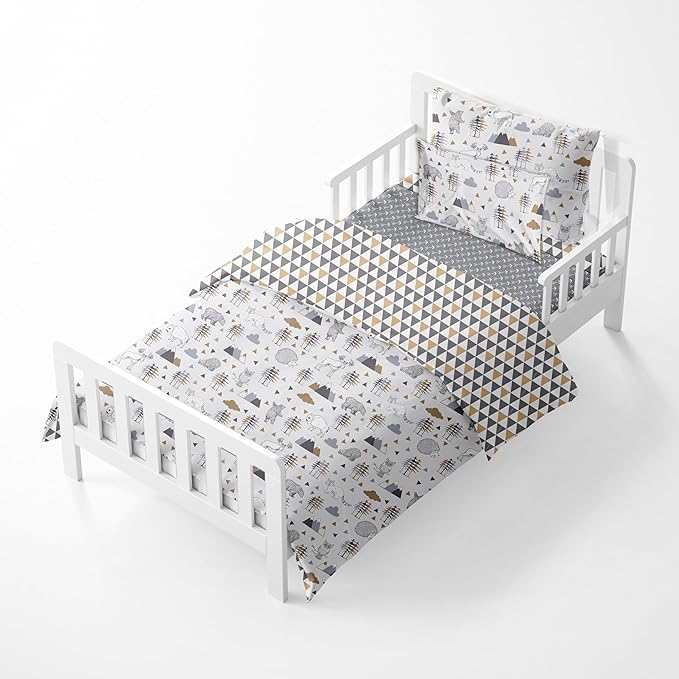 Bacati Woodlands Grey/Beige Neutral Cotton 4 Pc Toddler Bedding Set, Beige/Grey