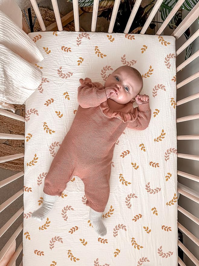 Crib Sheets for Boys Girl, Fitted Baby Toddler Bed Sheets 28" x 52", Neutral Muslin Cotton Crib Mattress Bedding Soft and Breathable Comfort (Leaf)
