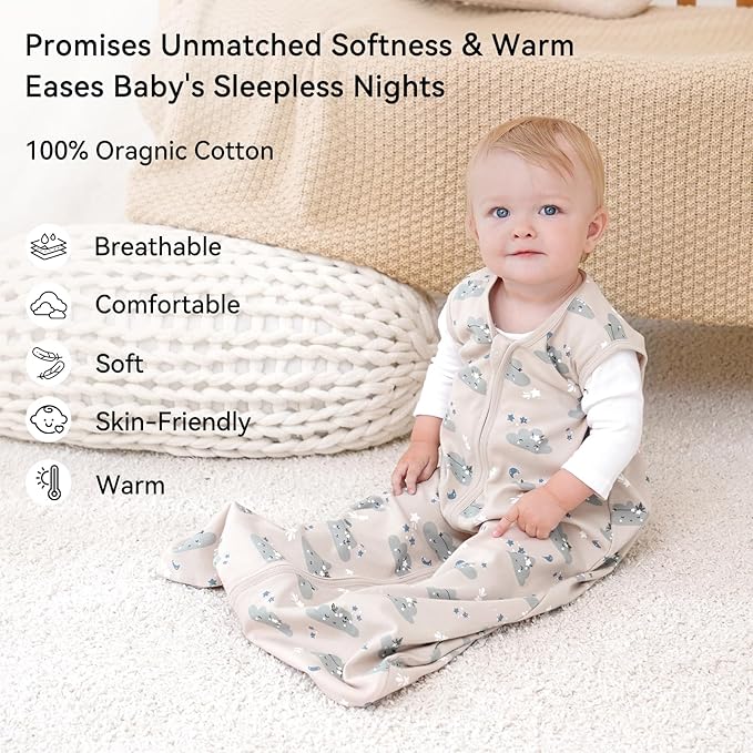 Baby Sleep Sack 6-12 Months 0.5 Tog Wearable Blanket Baby, 3 Pack 100% Cotton Lightweight Sleeping Sack with 2-Way Zipper for Newborn Infant Apricot White Sun Clouds