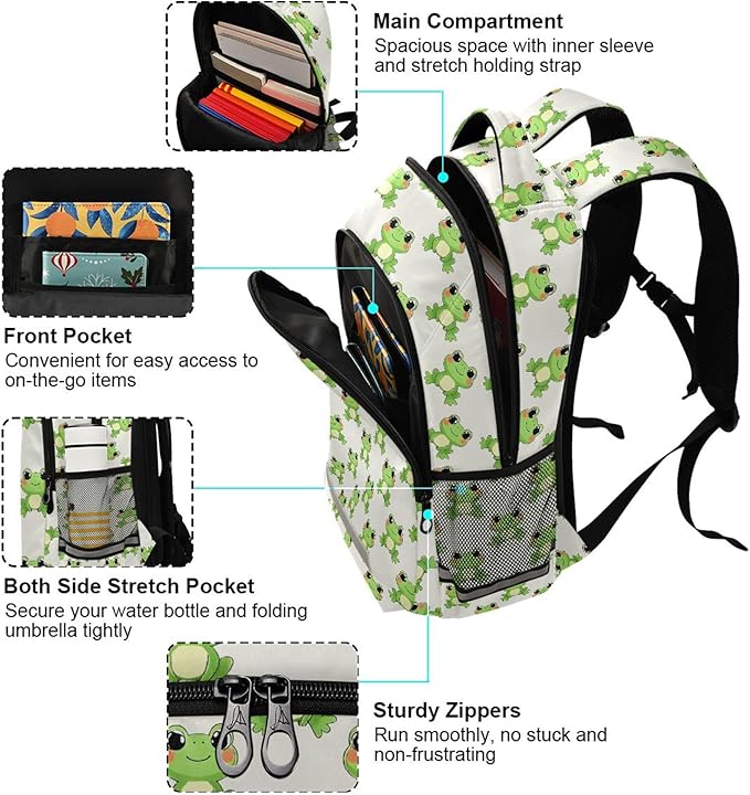 MNSRUU Laptop Backpack with Chest Strap, Frog Cute School Backpack, Travel Hiking Bag for Boys Girls Teen College Adult, Rucksack Knapsack