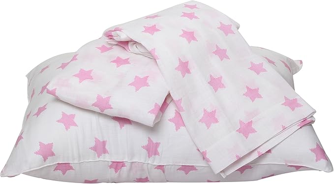Bacati - Muslin Ikat Stars 4 Piece Girls Toddler Bedding Set 100 Percent Cotton Includes Reversible Comforter, Fitted Sheet, Top Sheet, and Pillow Case (4 pc Toddler Bedding Set, Pink Stars)