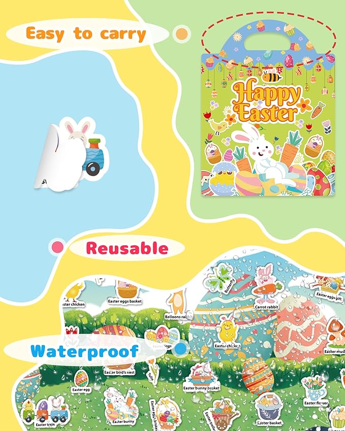 Benresive Reusable Sticker Book for Toddlers 2-4 Years, Fun Travel Stickers for Kids, Waterproof Sticker Books for Toddlers 1-3, Crafts Activities for Todddlers 1-3 2-4 3-5 - Easter