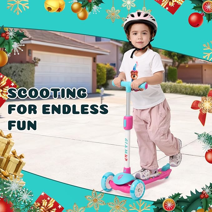 GLAMUP Kids Kick Scooter 3 Wheels, Kids Scooter Height Adjustable Handlebar, Lean-to-Steer System & Easy-Folding Mechanism, Ages 3-14 Boys and Girls