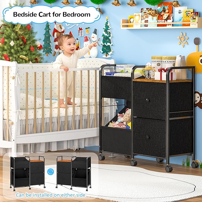 Baby Diaper Caddy Organizer Cart, Bedside Cart for Baby Essentials, Nursing Storage with Drawers and Lockable Wheels, Baby Organizers and Storage for Bedroom, Living room, Bathroom
