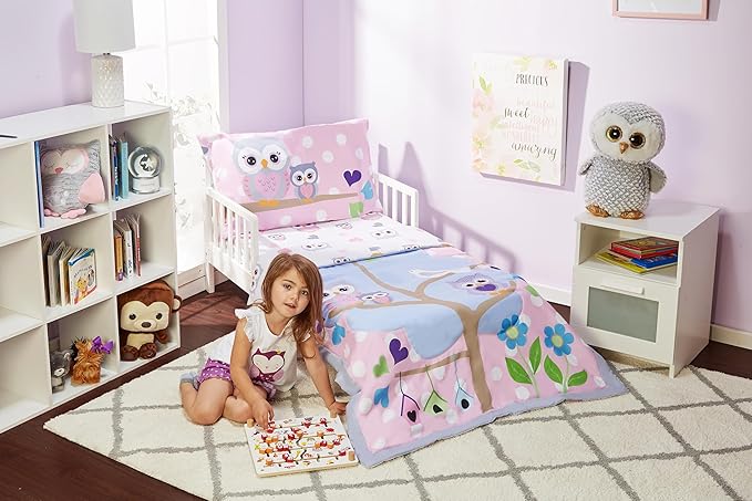 EVERYDAY KIDS 4 Piece Toddler Bedding Set - Owls - Soft 100% Cotton Percale - Includes Comforter, Flat Sheet, Fitted Sheet and Reversible Pillowcase