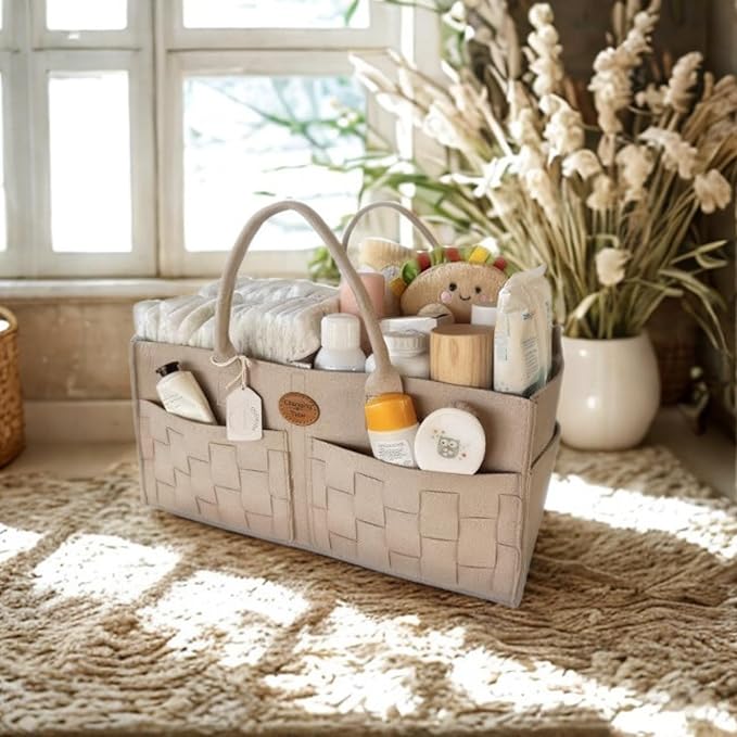 QGENUBA Baby Diaper Caddy Organizer for Nursery – Large Felt Storage Basket for Baby Essentials, Wipes & Diapers – Portable Nursery Organizer Bin for Changing Table or Living Room Beige