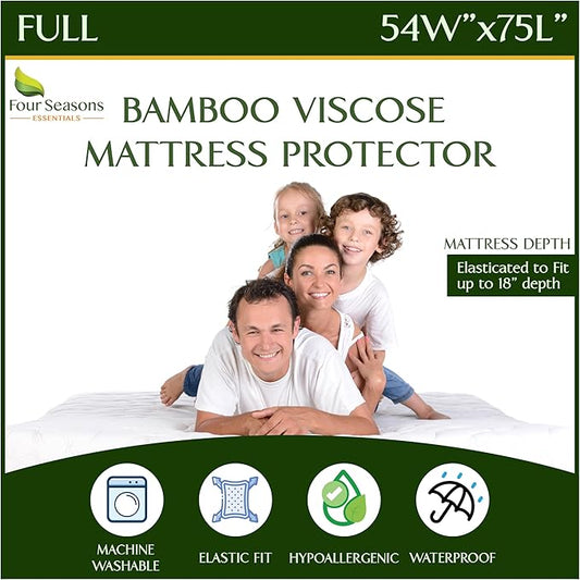 Four Seasons Essentials Full Size Waterproof Mattress Protector - Cooling Viscose derived from Bamboo Fitted Sheet Mattress Cover - Quilted Jacquard Pad Protects from Dust Allergens