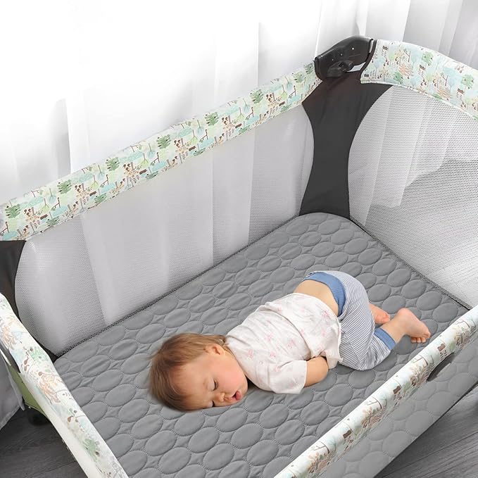 Pack and Play Sheets Fitted Quilted Waterproof Protector, 2 Pack Playard Mattress Pad Compatible with Graco Pack n Play, Mattress Cover fits for Baby Playpen Mattress, Mini Crib, Gray & Aqua