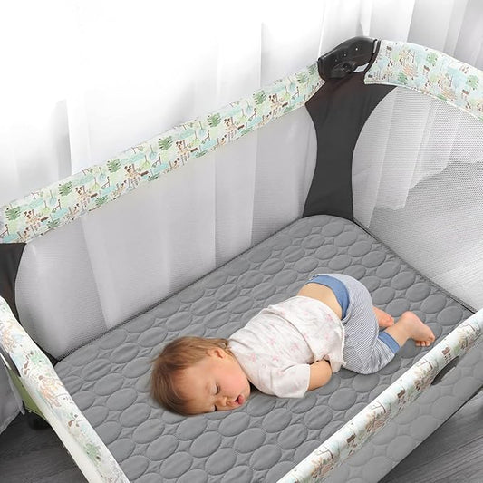 Pack and Play Sheets Fitted Quilted Waterproof Protector, 2 Pack Playard Mattress Pad Compatible with Graco Pack n Play, Mattress Cover fits for Baby Playpen Mattress, Mini Crib, Gray & White