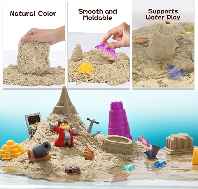 Waterplay & Sensory Sand Kit – 2.2lb Pirate Adventure Play Sand for Kids Ages 4+, Water & Sandbox Play with Molds, Gems & Tools, Mess-Free, Non-Toxic Sensory Bin Filler