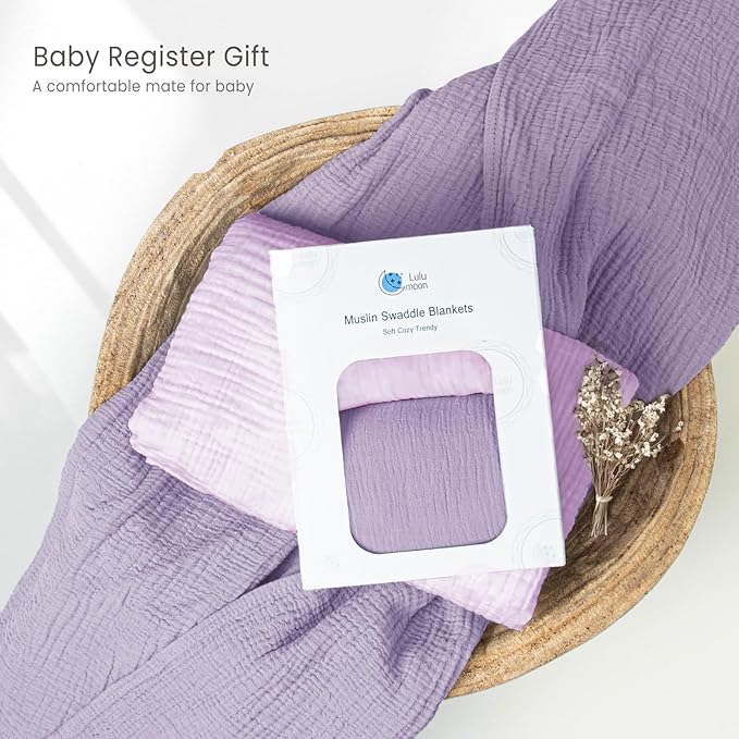 lulumoon Muslin Swaddle Blanket Baby - Cotton Swaddling Blanket Soft Baby Receiving Blankets Neutral 2Pack(Purple)