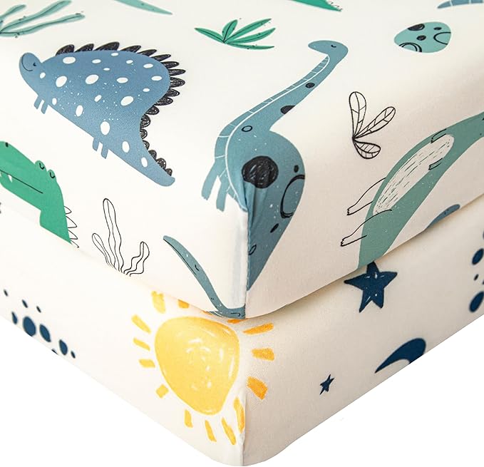SDIII 2 Pack Space and Dinosaur Crib Sheets for Boys 52×28 Stretchy Microfiber Jersey Knit Fall Crib Sheets Boy for Standard Crib and Toddler Mattress