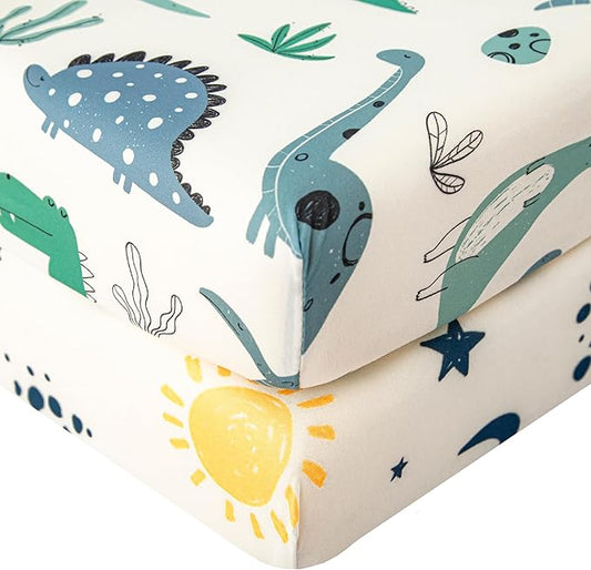 SDIII 2 Pack Space and Dinosaur Crib Sheets for Boys 52×28 Stretchy Microfiber Jersey Knit Fall Crib Sheets Boy for Standard Crib and Toddler Mattress