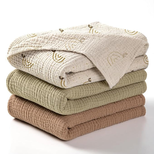 lulumoon Baby Muslin Swaddle Blankets: Soft Receiving Blanket for Newborn - Cotton Swaddling Blanket for Neutral 3Pack(Rainbow Khaiki)