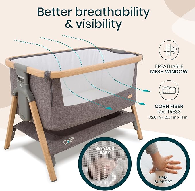 Tutti Bambini CoZee® 2-in-1 Baby Bassinet & Bedside Sleeper - Fast-Folding Bedside Bassinet, Baby Crib with 6 Mattress Heights & Breathable Mesh Window, Mattress Included, 0-6 Months (Oak & Charcoal)