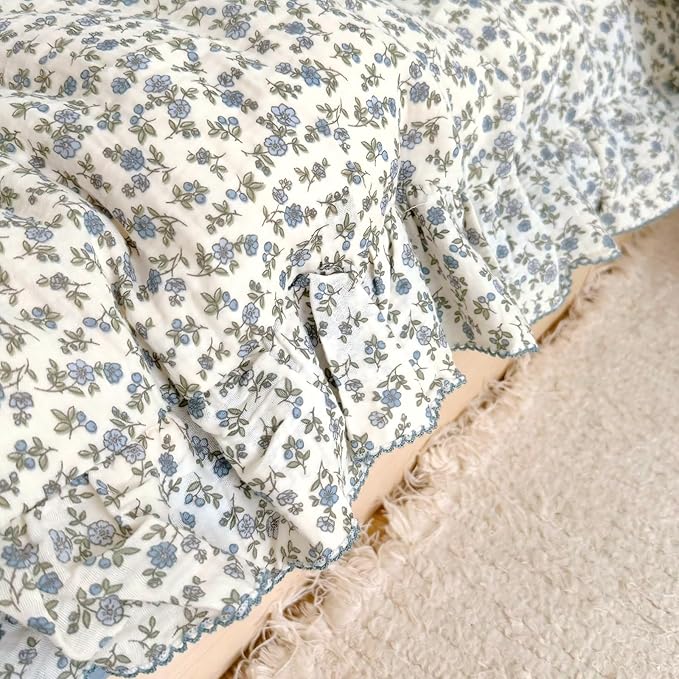 BuLuTu Blue Floral Toddler Kids Duvet Cover for Girls Boys 100% Cotton Muslin Quilt Cover for Toddler Bed Vintage Flower Design Duvet Cover with Ruffles, 47"x59", Pillow Case Not Included