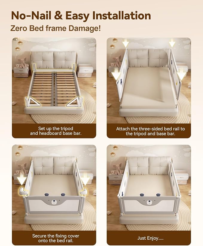 3 Piece Bed Rails for Queen Bed, No-Drill Needed Baby Bed Rail Guard for Toddlers with Height Adjustable, Thickened Child Safety Side Railing Guards/Bedrail for Kids, Grey Bear Design, 60x78.7x78.7in