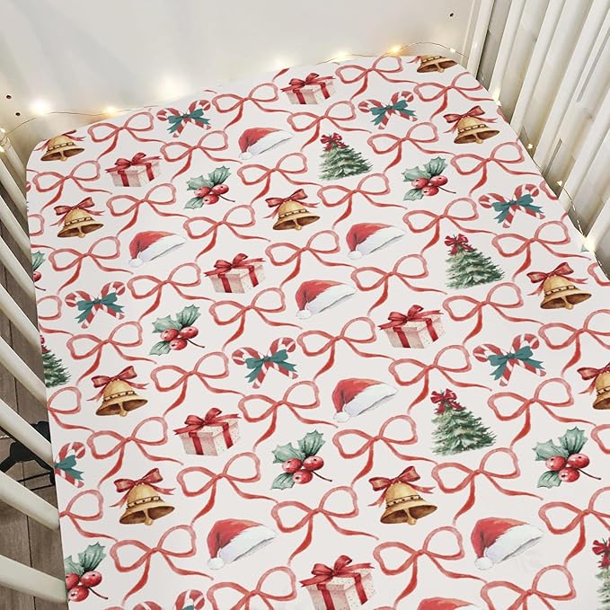 Red and Green Christmas Stripe Baby Crib Sheets for Boy Girl 52"x28" Santa Hat Fir Trees Gift Bows Soft Snug Fitted Crib Mattress Cover Winter Holiday Baby Sheet for Standard Crib & Toddler Mattress