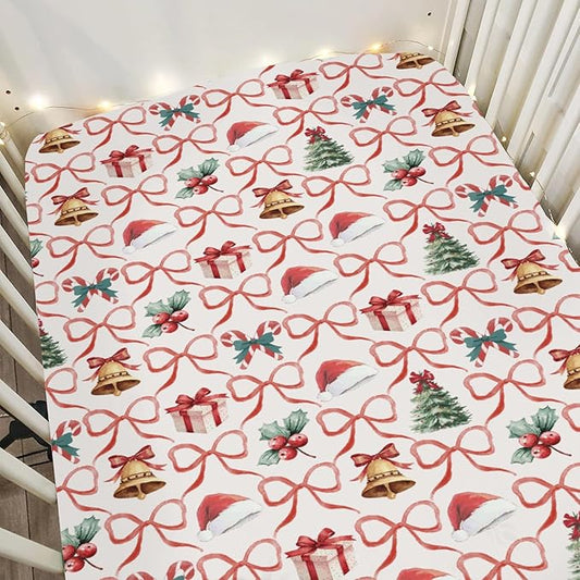 Red and Green Christmas Stripe Baby Crib Sheets for Boy Girl 52"x28" Santa Hat Fir Trees Gift Bows Soft Snug Fitted Crib Mattress Cover Winter Holiday Baby Sheet for Standard Crib & Toddler Mattress