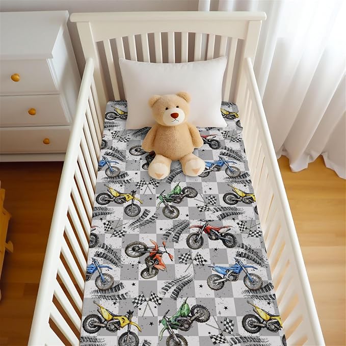 Vintage Motor Bike Checkered Fitted Crib Sheet for Baby Girls Boys 52x28Inch Motorcycle Race Flag Stars Baby Sheet for Standard Crib and Toddler Mattress Racing Vehicles Bed Sheets