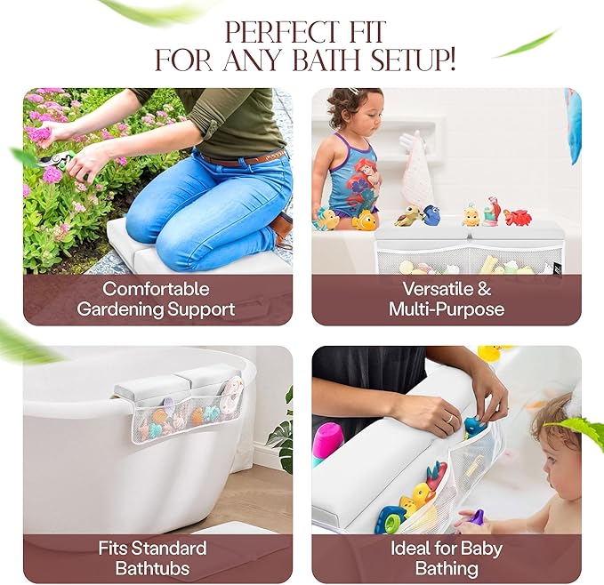 Baby Bath Kneeler & Elbow Rest Pad Set | Extra Thick 1.5” Foam That Relieves Knee & Elbow Pressure | Non-Slip Suction Stability | Machine Washable, Quick-Dry | Brush & Washcloth Gift Included