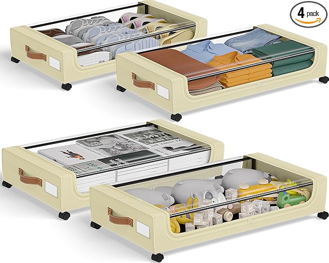 GoMaihe Under Bed Storage with Wheels: XXL Underbed Storage Containers with Lids - Rolling Bins for Shoes Clothes in Dorm Bedroom - Metal Drawers Easy Pull-out Beige 4-Pack