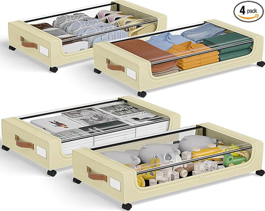 GoMaihe Under Bed Storage with Wheels: XXL Underbed Storage Containers with Lids - Rolling Bins for Shoes Clothes in Dorm Bedroom - Metal Drawers Easy Pull-out Beige 4-Pack