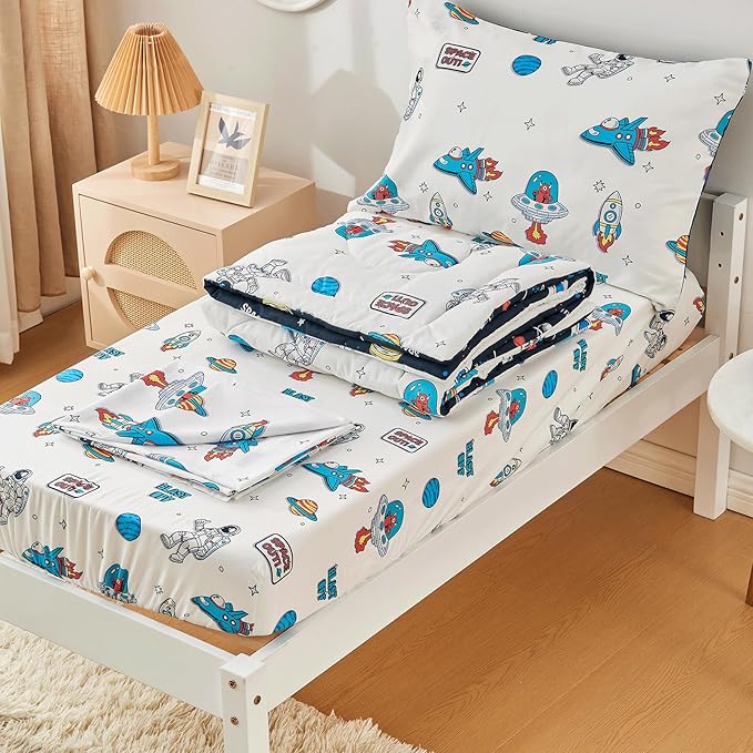 beeweed 2 Sides Design Rocket Toddler Comforter Set, 4 Pieces Space Ship Toddler Bedding Set Boys Girls, Includes Comforter, Fitted Sheet, Flat Sheet & Reversible Pillowcase