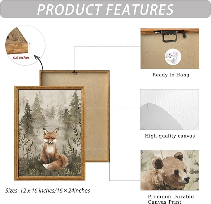 ICHZUMW Woodland Nursery Decor Wall Art Set of 3, Cute Forest Animals Canvas Prints Bear Fox Deer Pictures, Nature Watercolor Paintings for Baby Room Kids Bedroom Playroom, Neutral Artwork, 16x24in