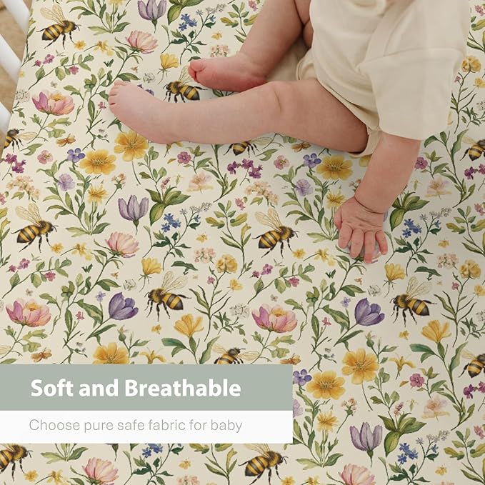 Vintage Bees Wildflowers Baby Crib Sheets for Boy Girl 52"x28" Retro Boho Flowers Soft Stretchy Fitted Crib Mattress Cover Spring Summer Baby Sheet for Standard Crib and Toddler Mattress