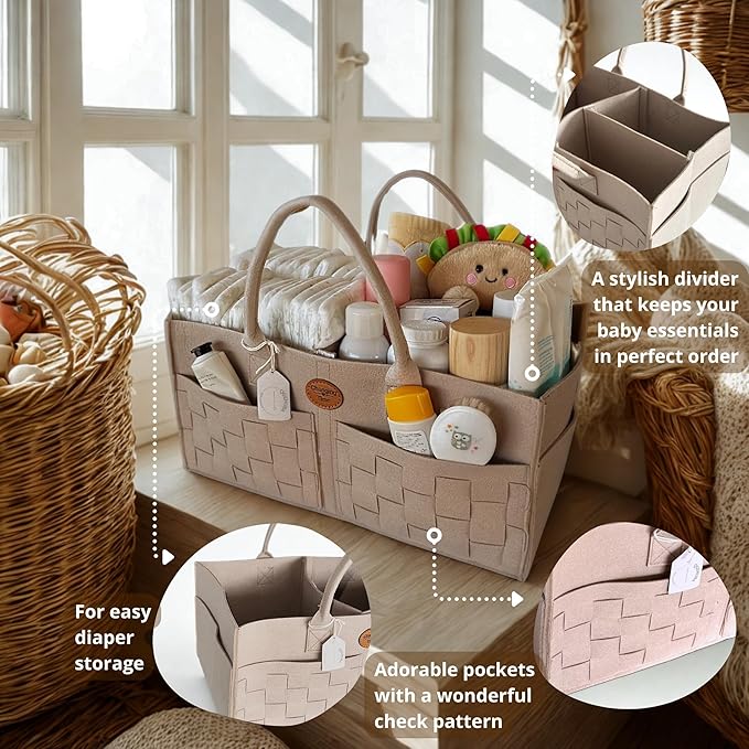 QGENUBA Baby Diaper Caddy Organizer for Nursery – Large Felt Storage Basket for Baby Essentials, Wipes & Diapers – Portable Nursery Organizer Bin for Changing Table or Living Room Beige