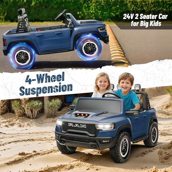 Electric Car for Kids, Licensed Ram 1500 RHO, 24V Ride on Toys for Big Kids, Battery Powered with Parent Remote Control, LED Light/Music/MP3, Back Storage, Blue