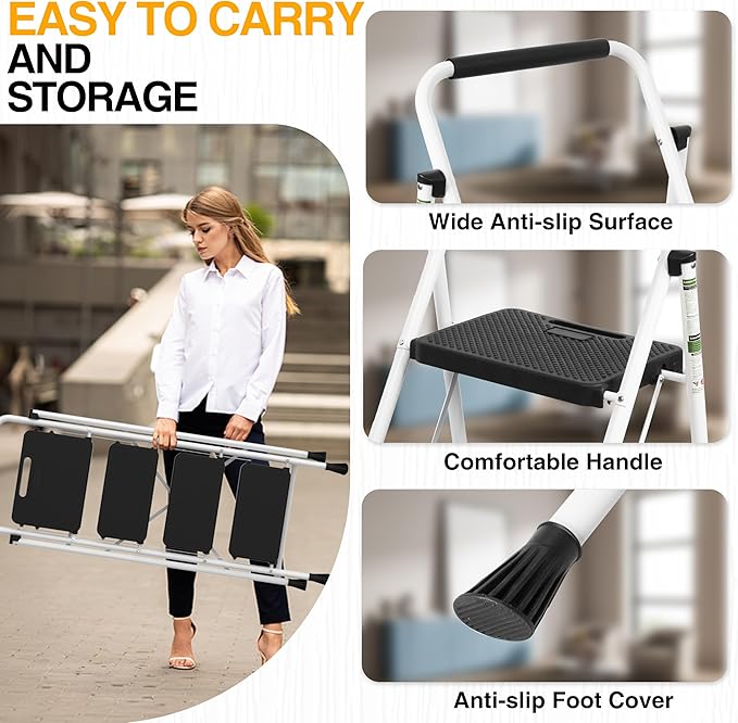 4 Step Ladder, Portable Steel Folding Step Stool with Wide Anti-Slip Pedal & Convenient Handgrip, 500lbs Sturdy Steel Ladder, White