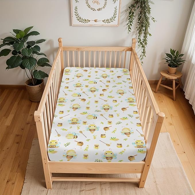 Bee Honey Baby Crib Sheets for Boy Girl 52"x28" Cute Bees Honeycomb Floral Leaves Soft Snug Fitted Crib Mattress Cover Summer Spring Garden Baby Sheet for Standard Crib & Toddler Bed Mattress