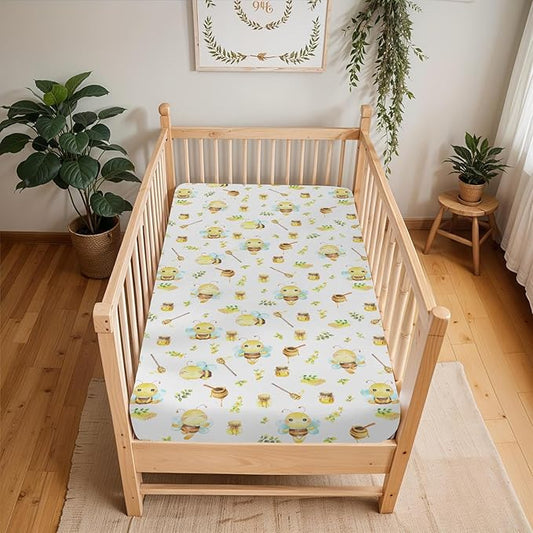 Bee Honey Baby Crib Sheets for Boy Girl 52"x28" Cute Bees Honeycomb Floral Leaves Soft Snug Fitted Crib Mattress Cover Summer Spring Garden Baby Sheet for Standard Crib & Toddler Bed Mattress