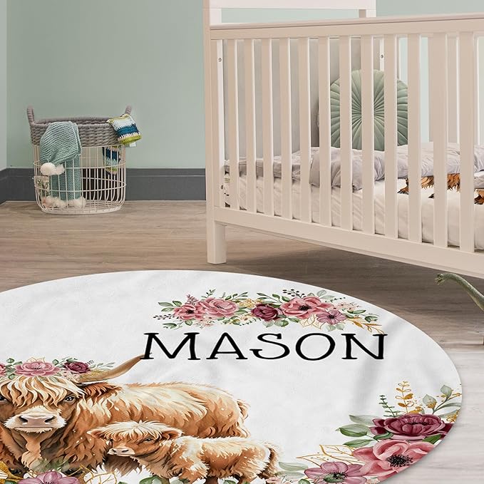 Personalized Baby Crib Bedding Set: 4 Piece Custom Flower Highland Cow Crib Bed Set with Name, Nursery Bedding Set for Baby Girls, Newborn Boys Crib Sets, Crib Bedding Custom Gift, Crib Sheet
