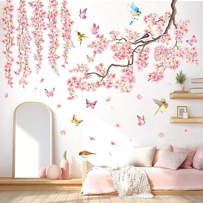 DECOWALL SG3-2320 Cherry Blossom Flower Wall Stickers Decals Branches Birds Butterflies Art Bedroom Floral Flower Girls Home Kids Living Nursery Pink Room Tree Nursery décor Baby
