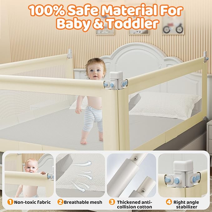 Bed Guard Rail for Toddlers - 1 Minute Quick Assembly & Double Side Lift with Safety Child Lock - Adjustable Height Baby Bed Rails for Queen King Full Size Bed(3 Packs, 78.74×78.74×74.8")
