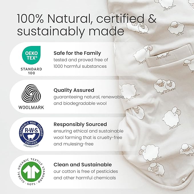 Woolino Merino Wool & Organic Cotton Baby Sleep Sack 2-24 Months – Ultimate 4-Season Baby Sleeping Bag, Universal Size Wearable Blanket, 2-Way Zipper & Adjustable Fit, Year-Round Use – Puppy