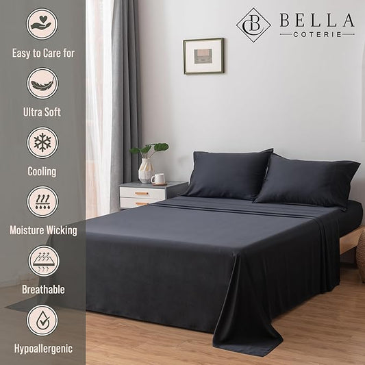 Bella Coterie Luxury Bamboo Viscose Queen Size Flat Sheet | 100% Organically Grown | Ultra Soft | Cooling for Hot Sleepers [Black]