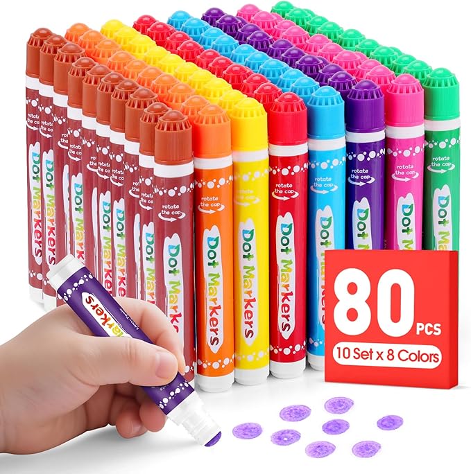 FUMILE 80 Pcs Dot Markers Bulk, 8 Colors Bingo Daubers Bulk for Toddlers,Washable Bingo Markers,Bingo Supplies,Dot Paint for Painting, Drawing Coloring and Art Crafts（10 Boxs）
