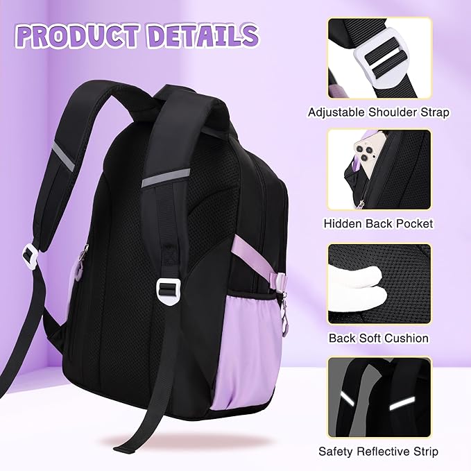 DIGOBAY 3PCS Girls Backpack for School, Kids Backpack for Girls with Lunch Box Pencil Case Set for Teen Girl Elementary Primary Middle High College School Bookbag with Cute Pins (Black-Purple)