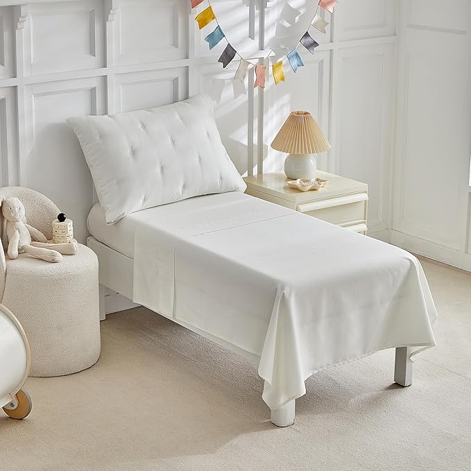DuShow White 4 Piece Toddler Bedding Set for Boys Girls,Embroidery Microfiber Crib Bed Sheets Set Soft Boho Comforter Set Bed in a Bag, Include Quilted Comforter,Flat Sheet,Fitted Sheet,Pillowcase