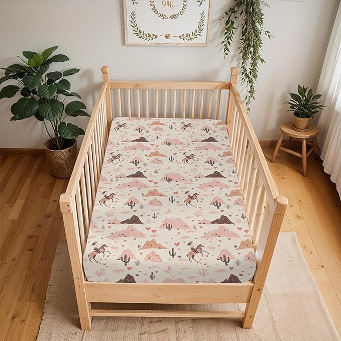 Vintage Pink Cowgirl Cactus Baby Crib Sheets for Boy Girl 52"x28" Western Cowgirl Love Soft Stretchy Fitted Crib Mattress Cover Wild Desert Baby Sheet for Standard Crib & Toddler Mattress Pad