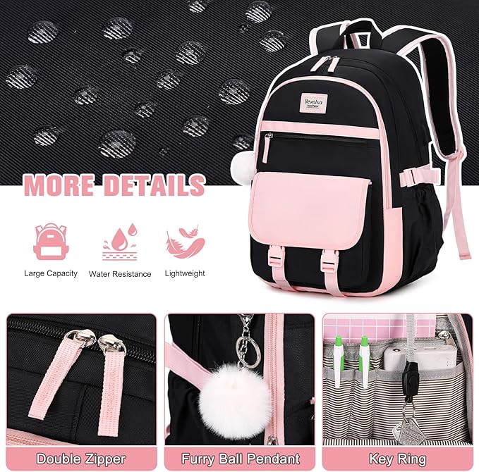 Bevalsa Backpack for Girls, School Backpacks for Girls, Kids Backpack with Lunch Box & Pencil Pouch for Teens Girl Kids Elementary Middle High School College Student Bookbag Daypack (Pink Black)