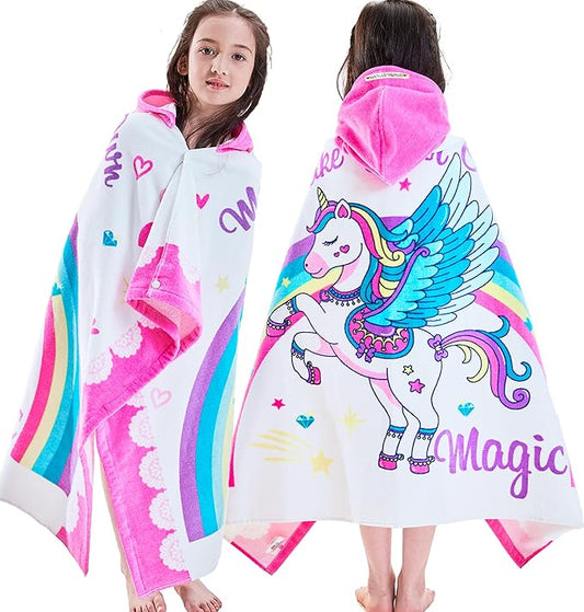 VOOVA & MOVAS Kids Towels with Hood Age 3-8, 30''X50, Soft | Thick | 100% Cotton | Absorbent | Large Wrap| Cover Up, Perfect for Beach, Pool, Bath, Swim, White Magic Unicorn