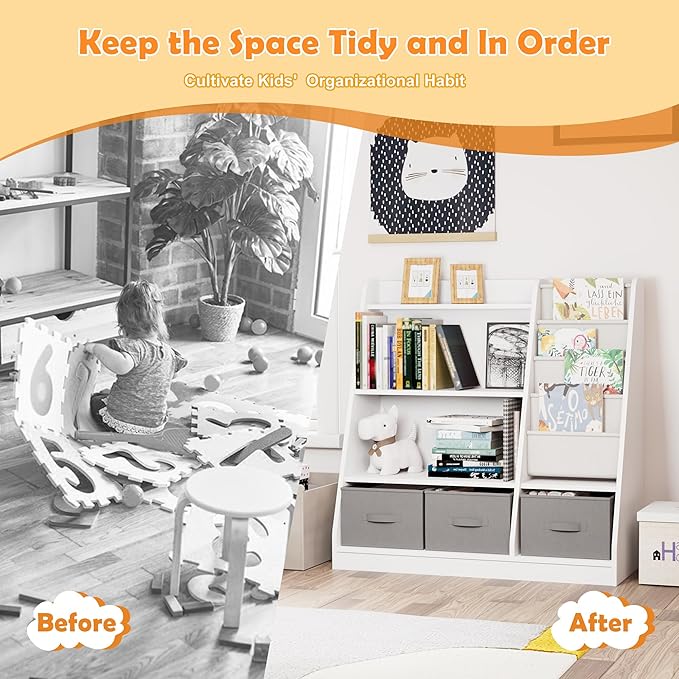 HedoAjim White Kids Bookshelf Wood Montessori Toy Storage Organizer Cabinet Shelf Child Bookcase Toddler Baby Sling Book Rack 3 Cube Bin Fabric Drawers for Playroom Bedroom Nursery School